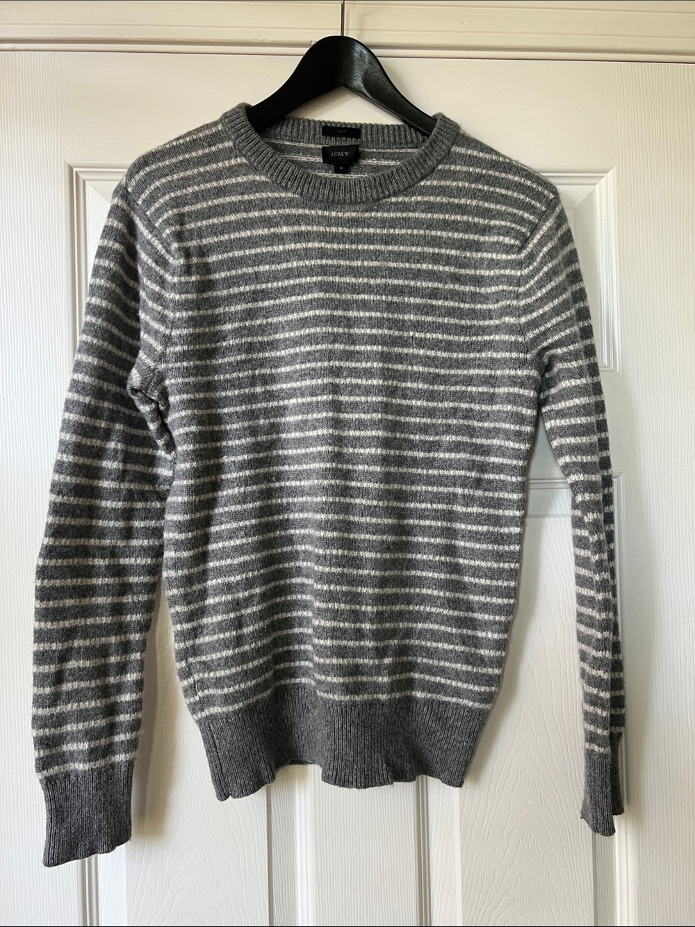 J. Crew Gray & White Narrow-Stripe Crewneck Sweater
